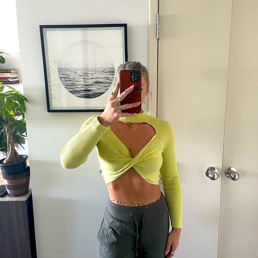 Chartreuse free people keyhole neck crop sweater